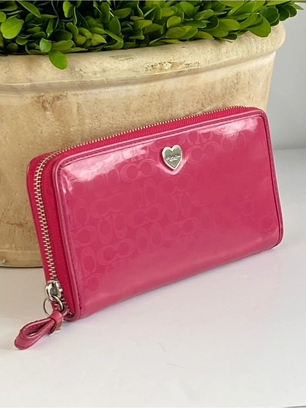 Coach Pink Signature Patent Leather Wallet with Heart Pendant